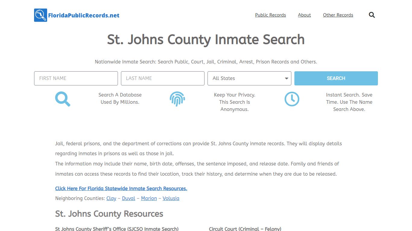 St. Johns County Inmate Search - SJCSO FL Current & Past Jail Records